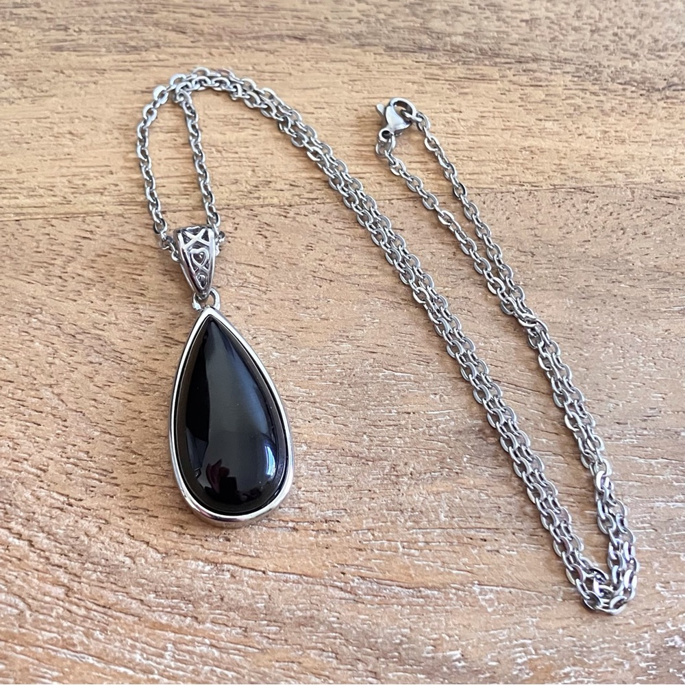 Large Smoky Quartz Teardrop Pendant Necklace in Stainless Steel